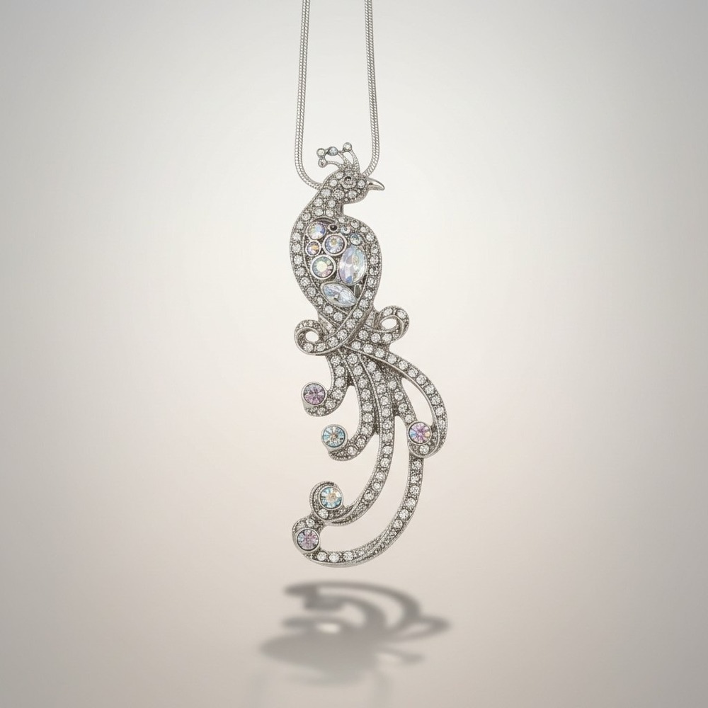 Silver AB Rhinestone Peacock Pendant Necklace Snake‎ Chain Statement